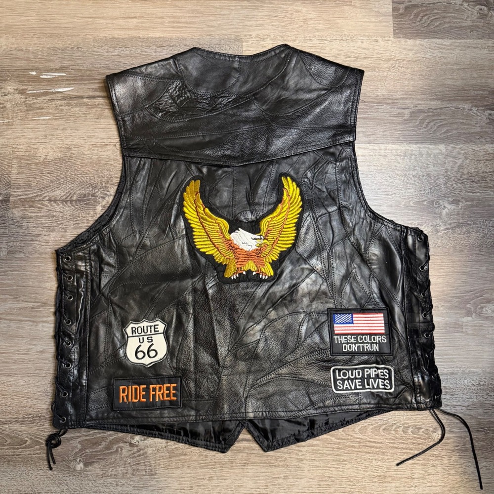 Diamond Plate Buffalo Leather Biker Vest Mens L Black Patchwork Eagle Patches